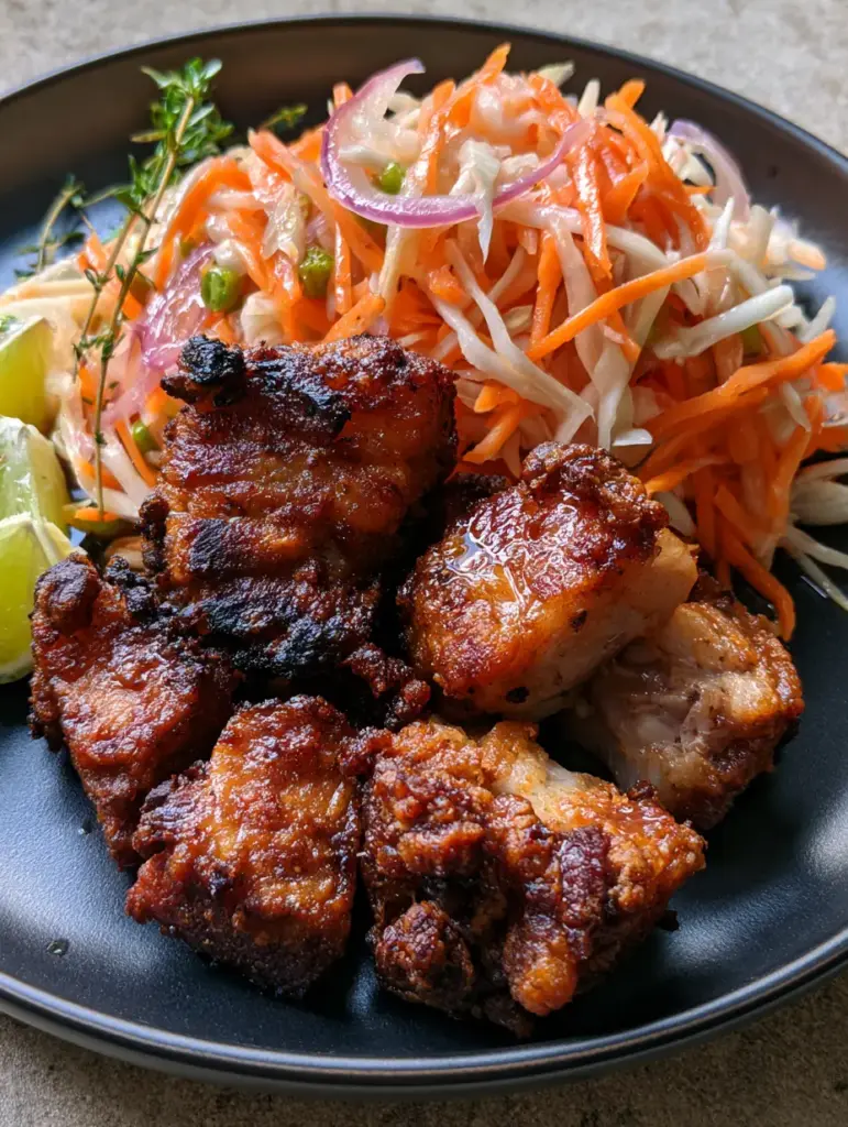Juicy interior of a broken open piece of Haitian Griot pork next to vibrant Pikliz. (Haitian food)