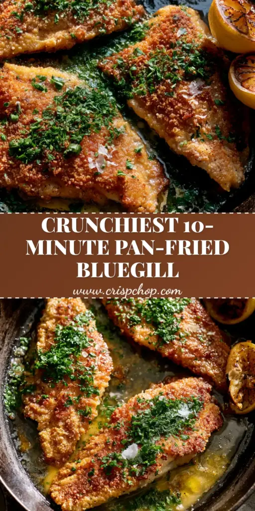 A vertical photo showing crispy pan-fried bluegill fillets in a cast iron skillet with lemon butter and fresh parsley for bluegill recipes.