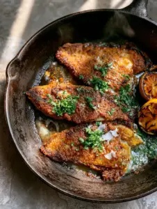 Top-down view of three golden-brown bluegill fillets in a cast iron skillet with charred lemons (bluegill recipes).