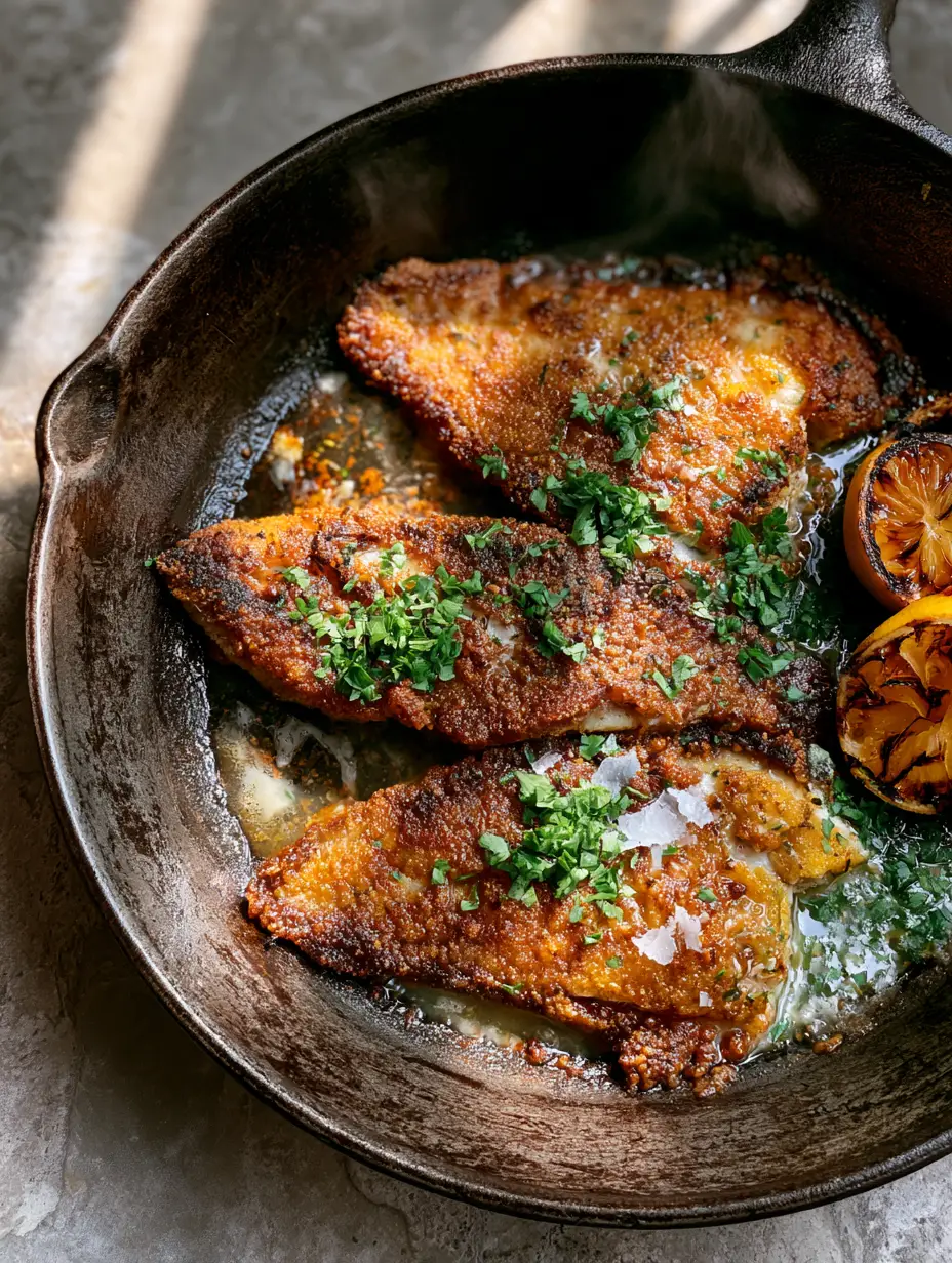 Top-down view of three golden-brown bluegill fillets in a cast iron skillet with charred lemons (bluegill recipes).