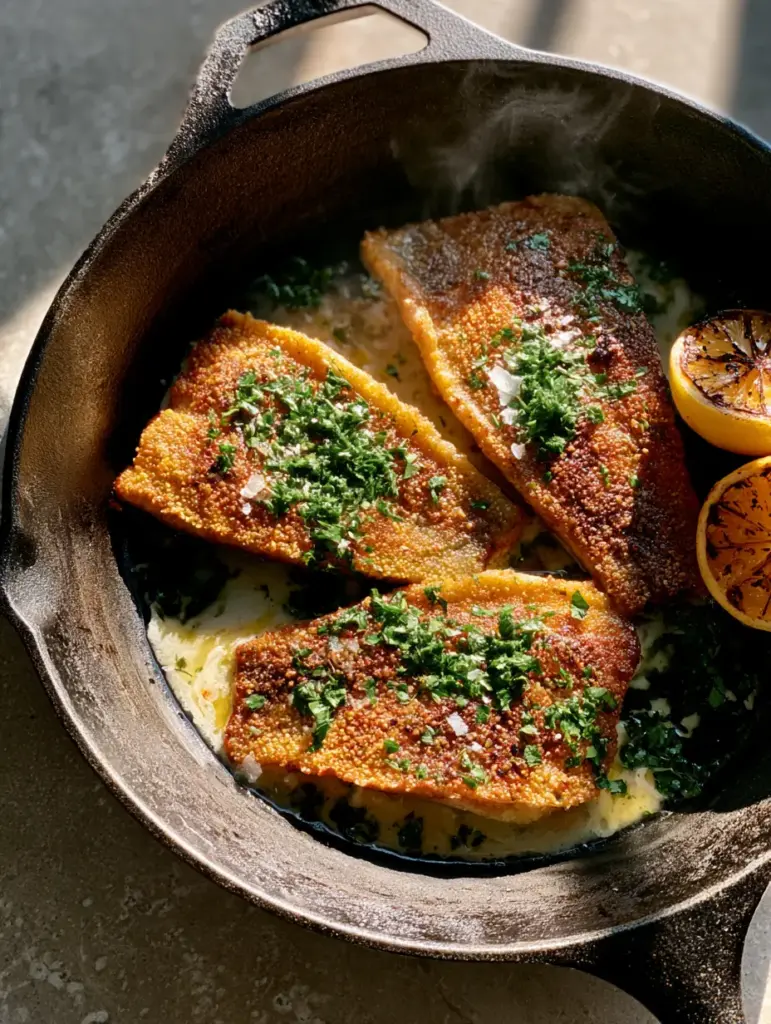 Close-up of jagged cornmeal breading on bluegill fillets with a drizzle of lemon butter.