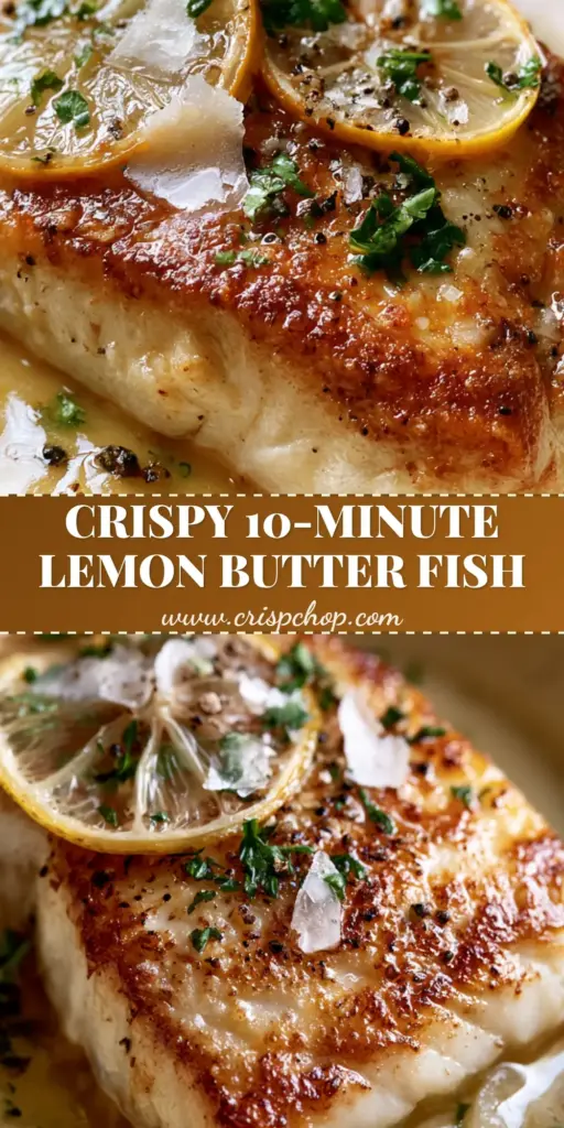 A close-up of a pan fried fish recipe fillet with a crispy golden crust and lemon butter sauce on a cream plate.