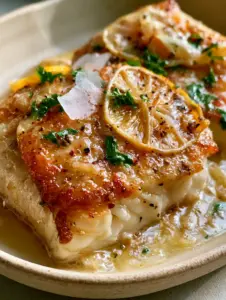Close-up high-angle shot of a thick white fish fillet with a golden-brown crispy crust. (pan fried fish recipe)