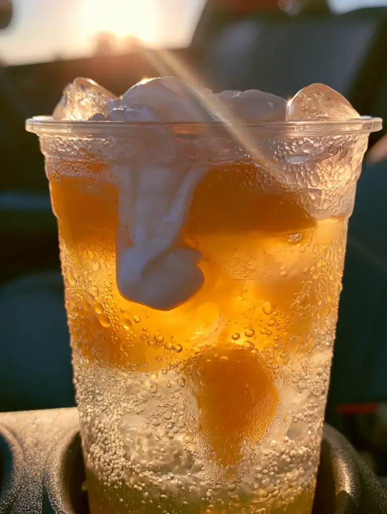 Close up handheld photo of a Sonic Princess Peach Drink with visible condensation beads and silk cream clouds. (Sonic Princess Peach Drink)