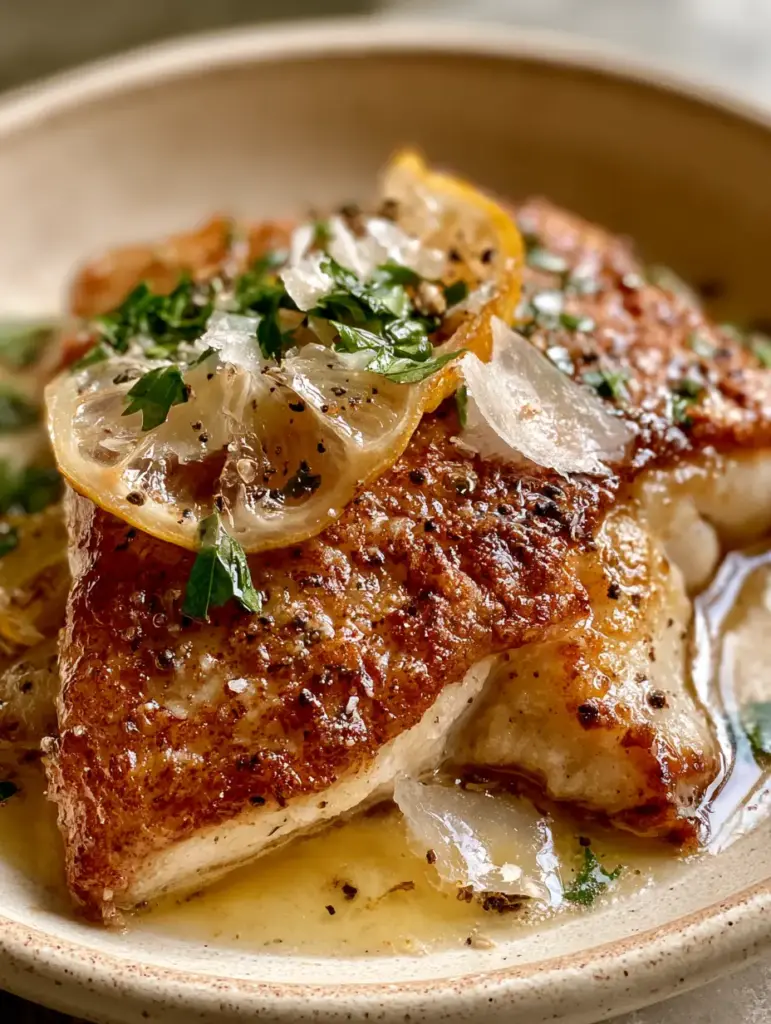 Searing white fish in a pan with translucent lemon slices and fresh parsley for a pan fried fish recipe.