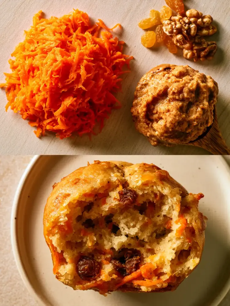 A close-up cross-section of a steaming carrot muffin showing the airy golden crumb and carrot shreds.