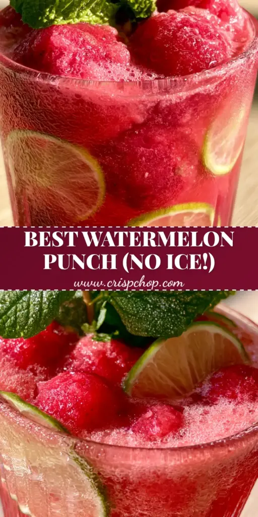 A tall ribbed glass filled with vibrant magenta watermelon punch, frozen watermelon spheres, and lime wheels with heavy frost. (watermelon punch)