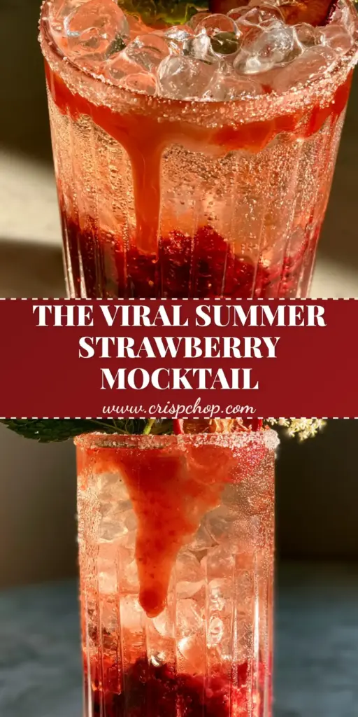 A vibrant layered Summer drink with macerated strawberries, pebble ice, and a sugar rim in a crystal glass.