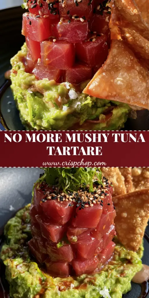 A gourmet tuna tartare stack with ruby-red ahi tuna cubes, chunky avocado, and golden fried wonton crisps on a black plate.