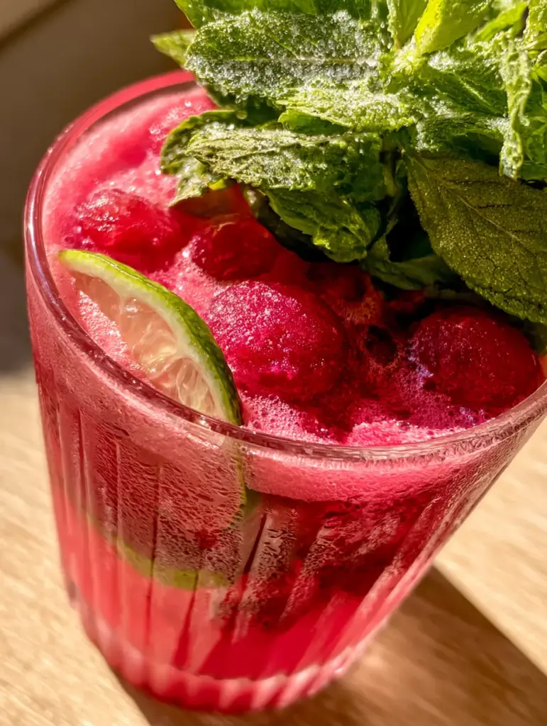 Macro shot of frothy magenta watermelon punch with translucent lime wheels pressed against a ribbed glass. (watermelon punch)