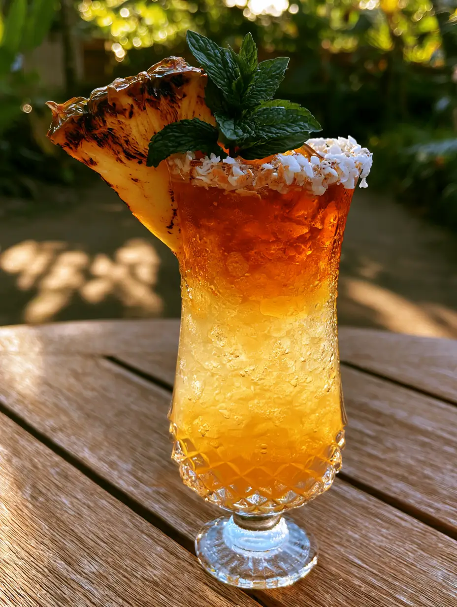 Close up of the amber gradient and condensation on pineapple rum cocktails.