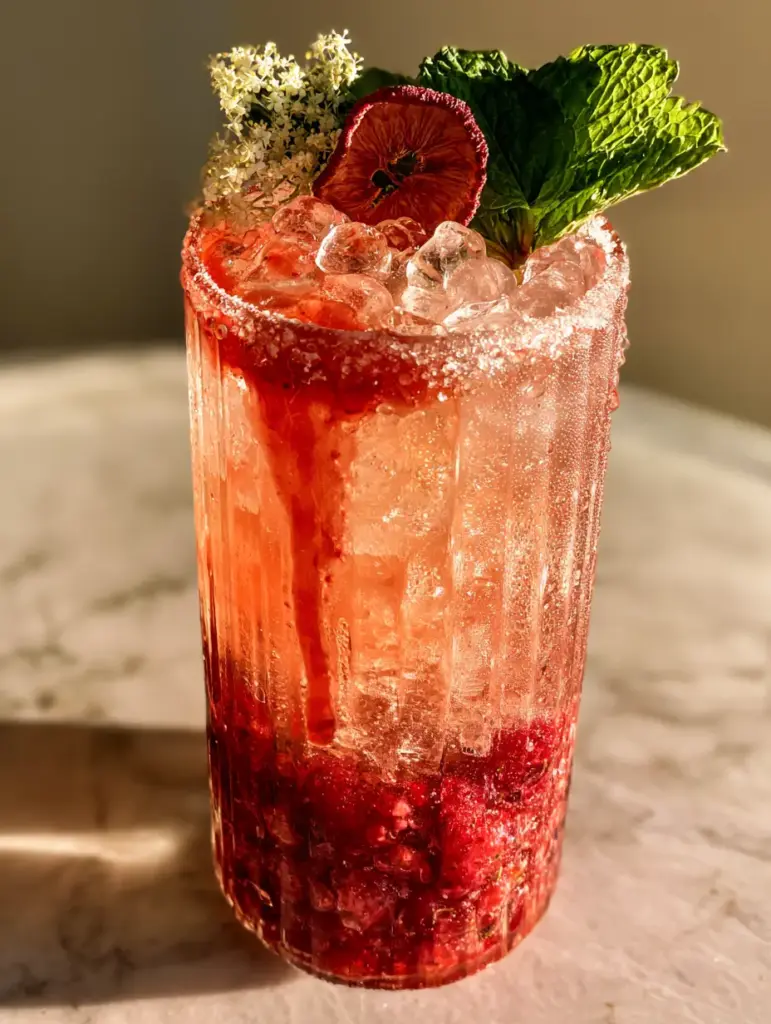 Close up of a Summer drink with strawberry syrup drizzle and fresh mint garnish.