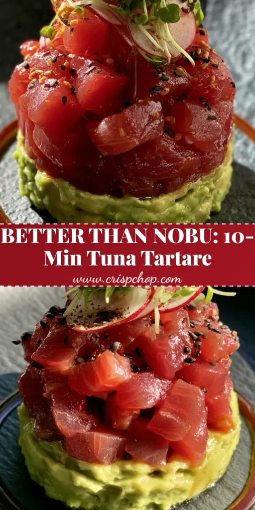 Nobu Tuna Tartare Recipe: The Ultimate Avocado Stack Tutorial 3 A professional Nobu Tuna Tartare avocado stack with ruby-red tuna, micro-greens, and ginger soy glaze on a dark slate plate.