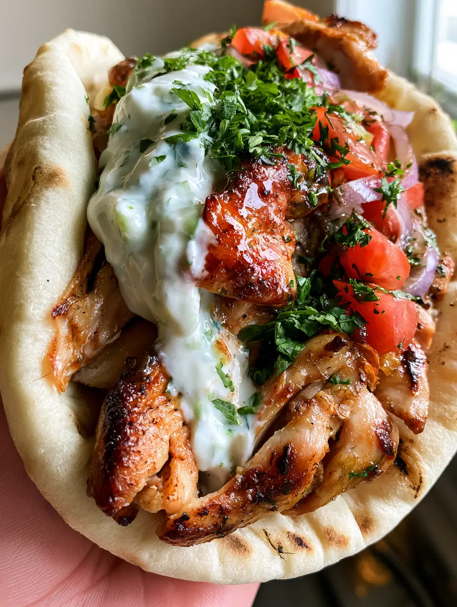 chicken gyro recipe: Authentic Seared Greek Flavors at Home 3 Close up of seared chicken strips in a pita with visible green cucumber bits in white tzatziki. (chicken gyro recipe)