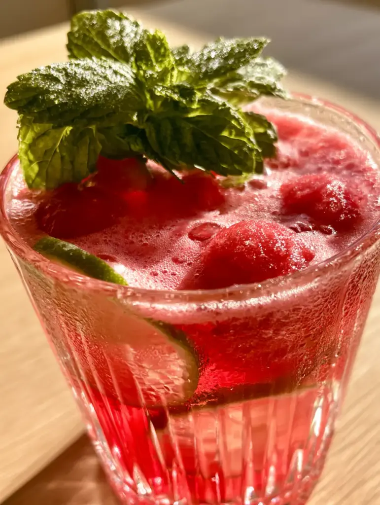 Close-up of frozen watermelon spheres and fresh mint sprigs dusted with water droplets in a frosty glass. (watermelon punch)