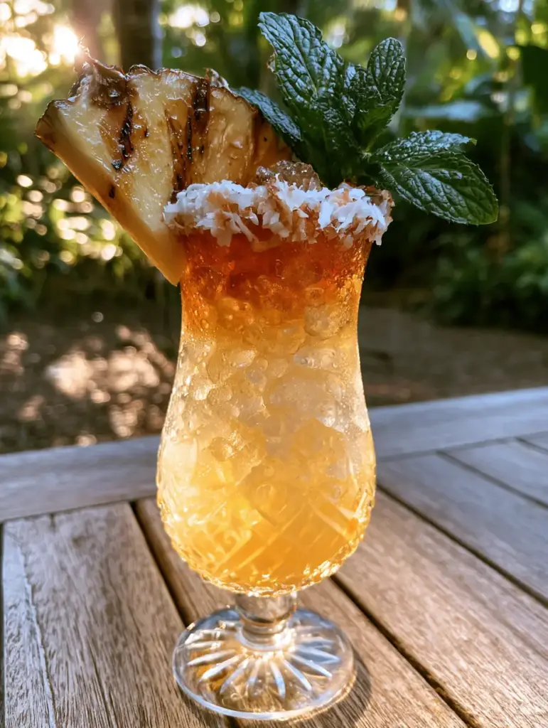 Top view showing the toasted coconut rim and fresh mint garnish on pineapple rum cocktails.