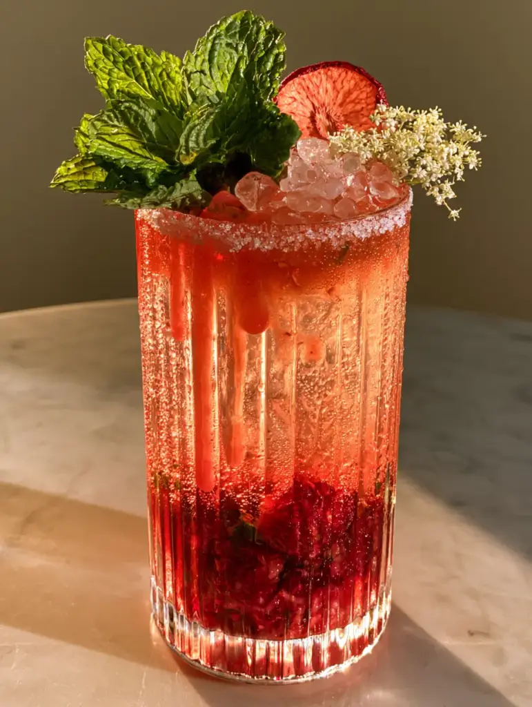 Wide shot of a Summer drink on a marble tabletop in golden hour sunlight.