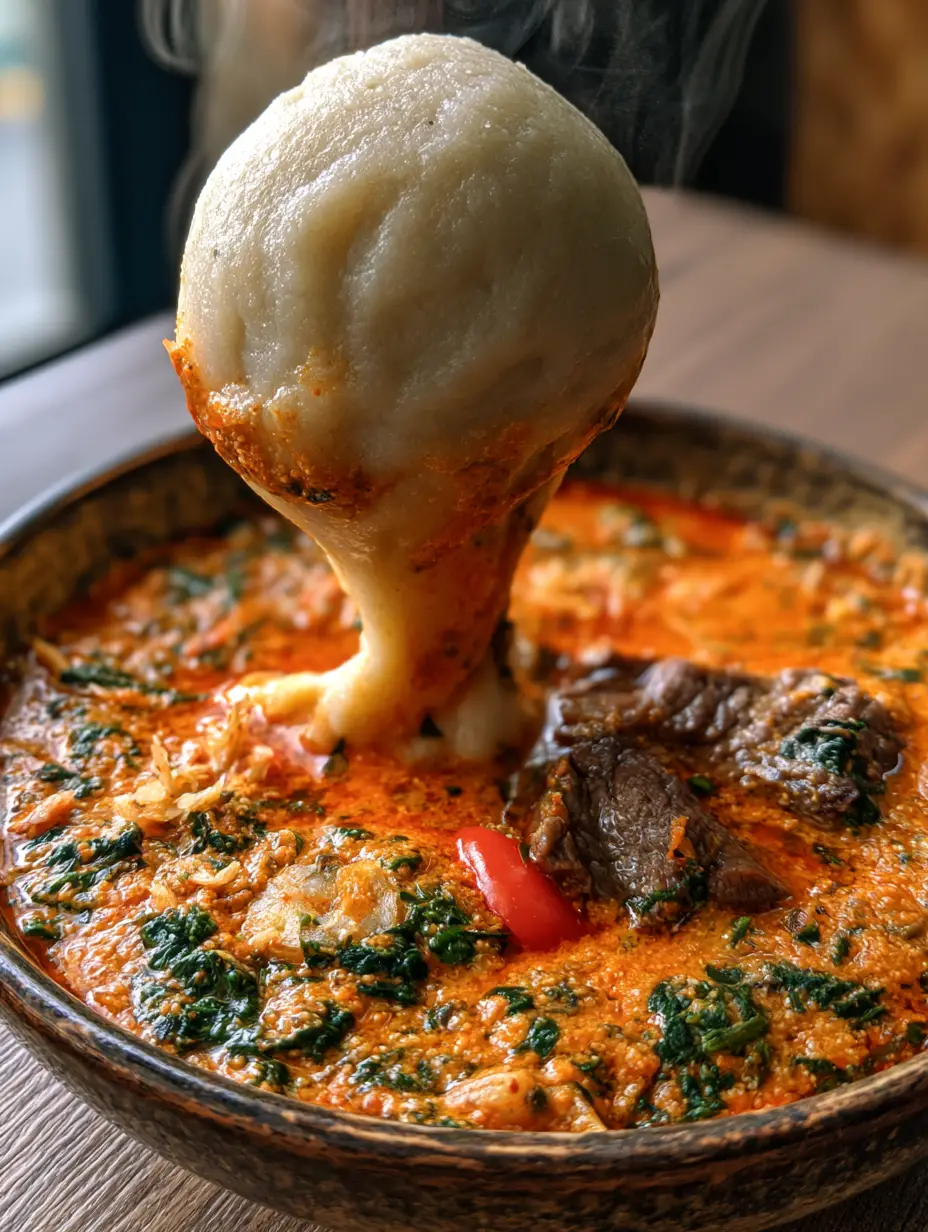 Handheld photo showing a glossy, lump-free fufu stretch over a vibrant orange-red Egusi broth.