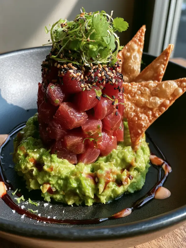 Close up of the chunky avocado base with lime zest under the tuna tartare tower.