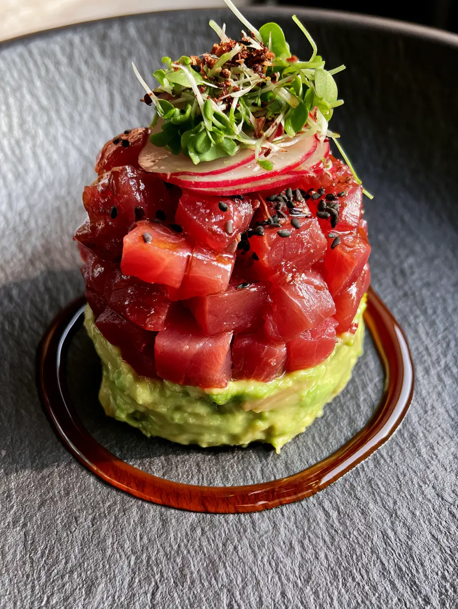 Nobu Tuna Tartare Recipe: The Ultimate Avocado Stack Tutorial 4 Close-up macro shot of diced ruby-red Ahi tuna for Nobu Tuna Tartare glistening with sesame oil.