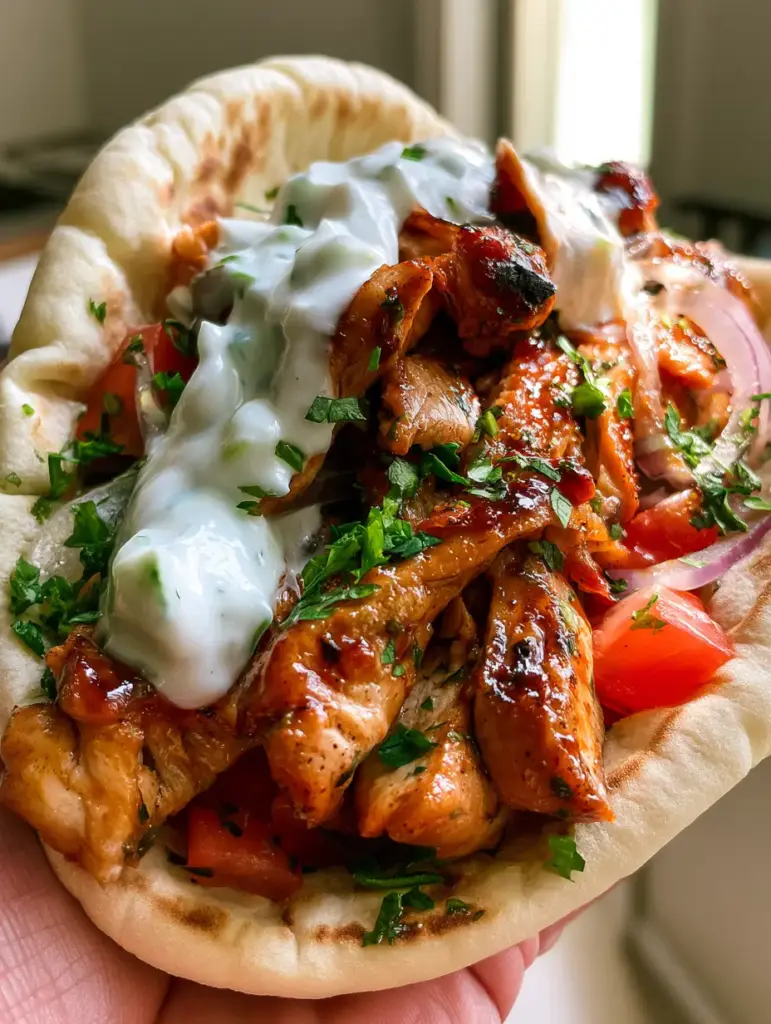 chicken gyro recipe: Authentic Seared Greek Flavors at Home 1 A smartphone photo of a Greek chicken gyro held in a kitchen, showing fresh parsley and red onion slivers.