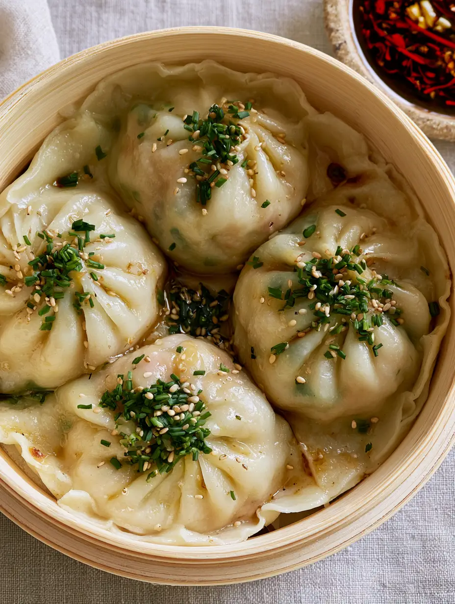 Macro shot of semi-translucent Steamed Dumplings showing the pink chicken and green scallion filling inside the 12-pleat wrappers.