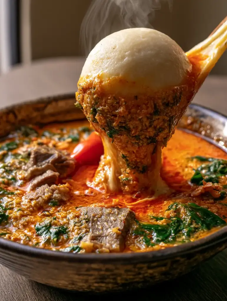 Rustic bowl of Egusi soup featuring toasted melon seed clusters, beef chunks, and a whole scotch bonnet pepper.