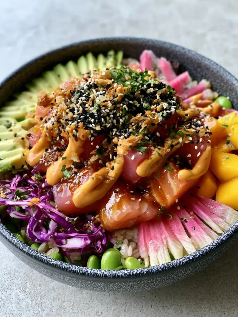 Poke Bowl Ideas: The Ultimate Glazed Ahi Tuna and Salmon Masterpiece 2 Close up of succulent cubes of glazed ahi tuna and salmon with pearlescent rice. (poke bowl ideas)