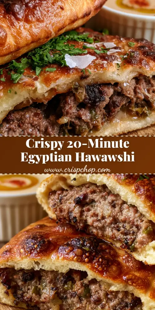 Two halves of Egyptian Hawawshi stacked on a wooden board, showing a crispy charred pita crust and juicy beef filling. (Egyptian Hawawshi)
