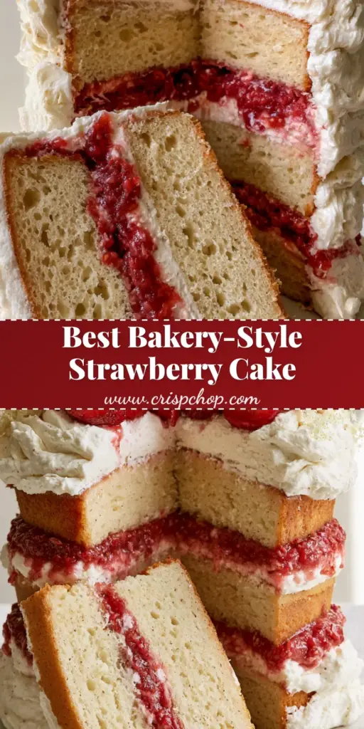 A vertical shot of a tall strawberry vanilla cake with layers of crimson compote and white whipped cream, topped with fresh halved strawberries.