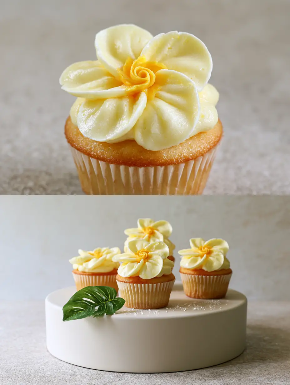 Plumeria Cupcakes with Silky Vanilla Buttercream Petals 3 Macro shot of a single plumeria cupcake with white petals and a golden spiral center in a white pleated liner. (plumeria cupcakes)