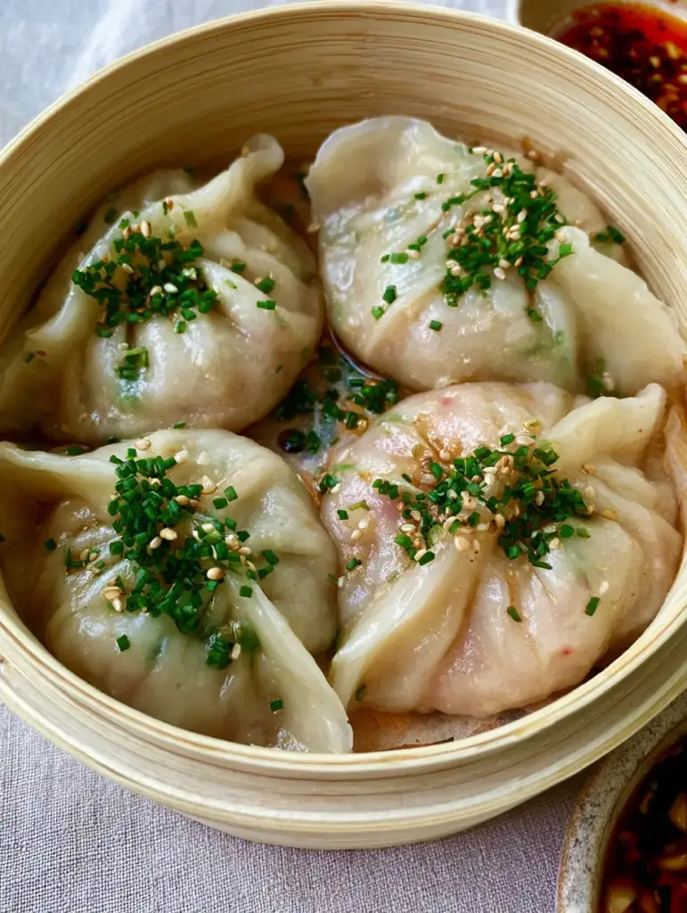 Close up of Steamed Dumplings glistening with sesame oil glaze, topped with toasted sesame seeds and fresh chives in a bamboo basket.