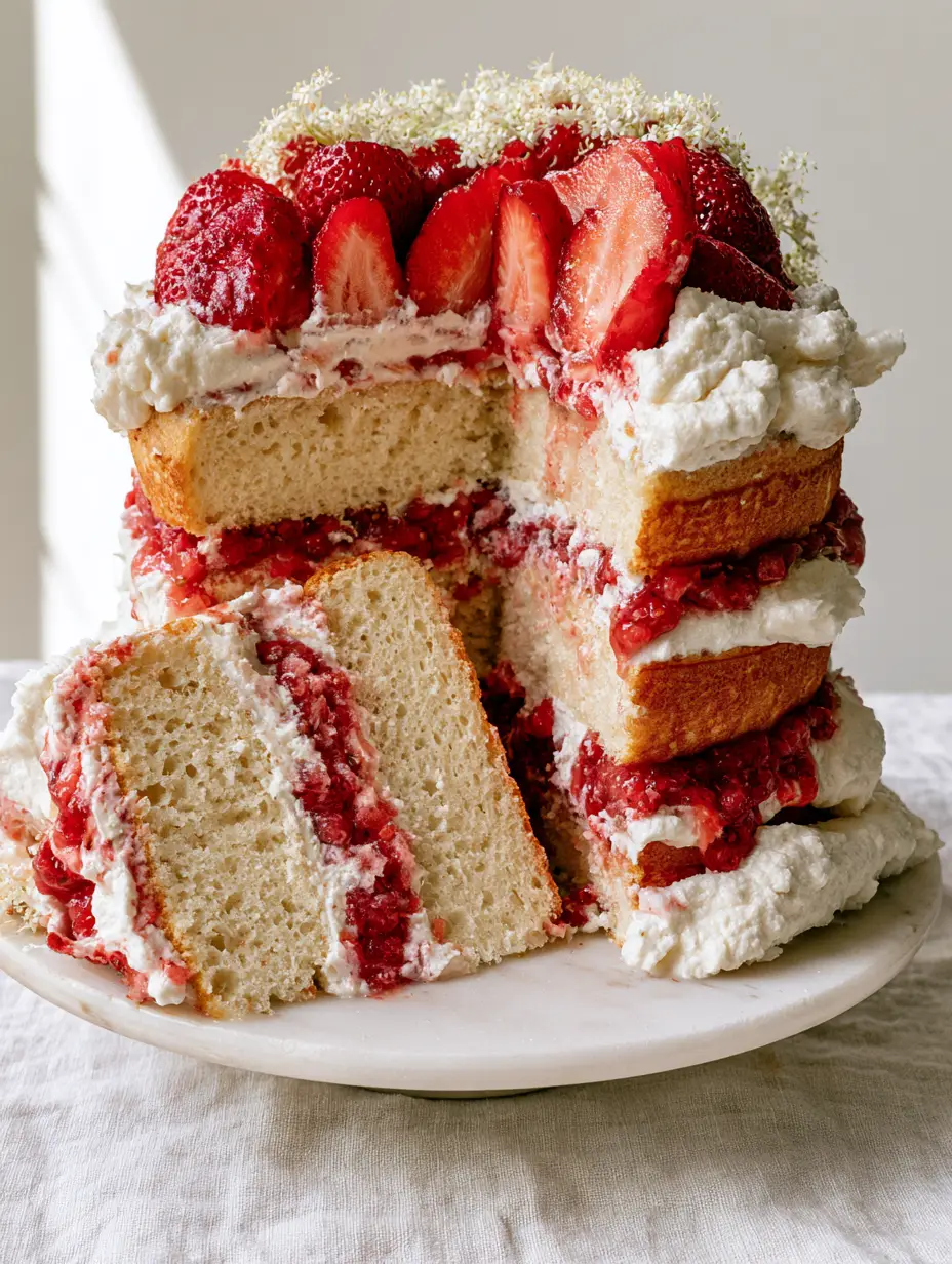 Close up of a moist strawberry vanilla cake slice showing the golden sponge and vibrant strawberry filling.
