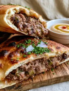 Extreme close-up of Egyptian Hawawshi halves with visible droplets of meat juice and charred pita crust. (Egyptian Hawawshi)