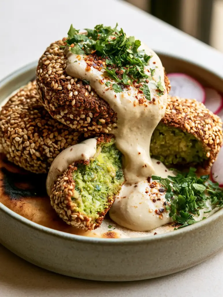 Close up of broken Taameya showing the vibrant emerald-green herb interior. (Egyptian recipes)