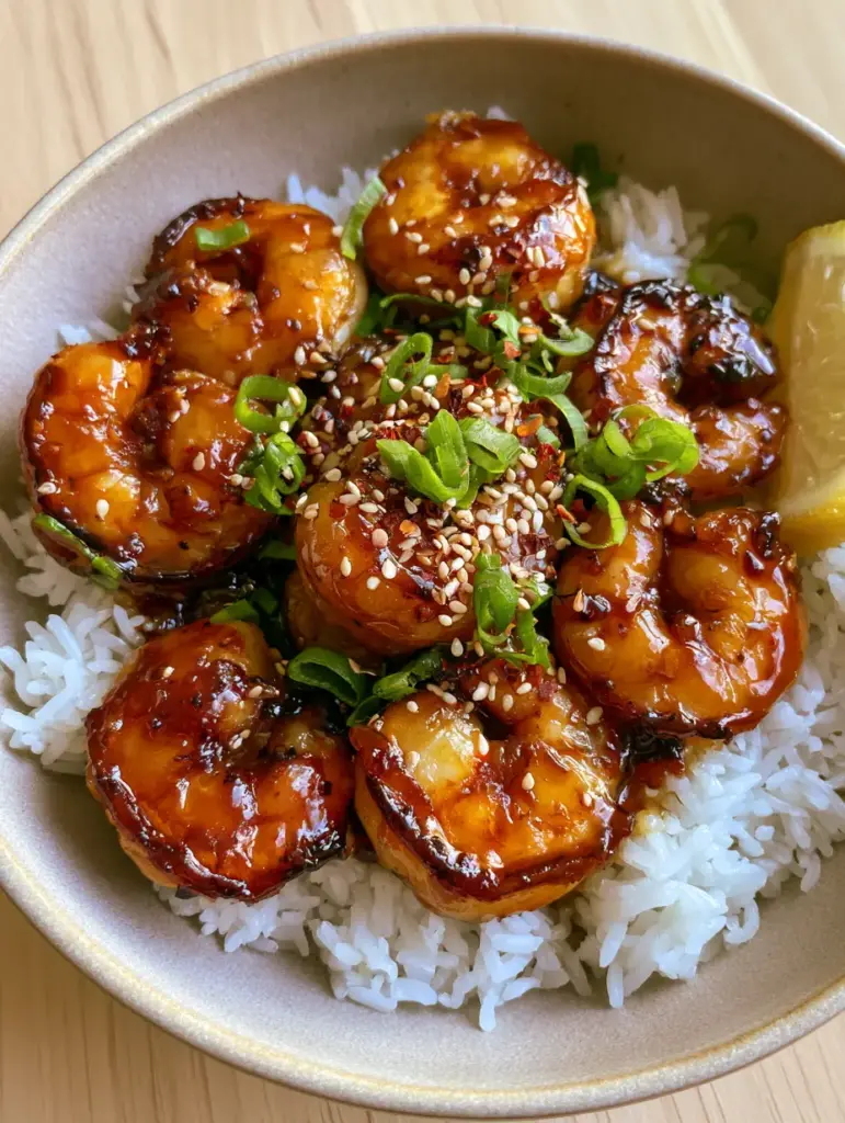 Shrimp Rice Bowl with Honey Garlic Glaze and Charred Shrimp 2 Close up of succulent jumbo shrimp with charred edges and a thick amber glaze in a Shrimp Rice Bowl.