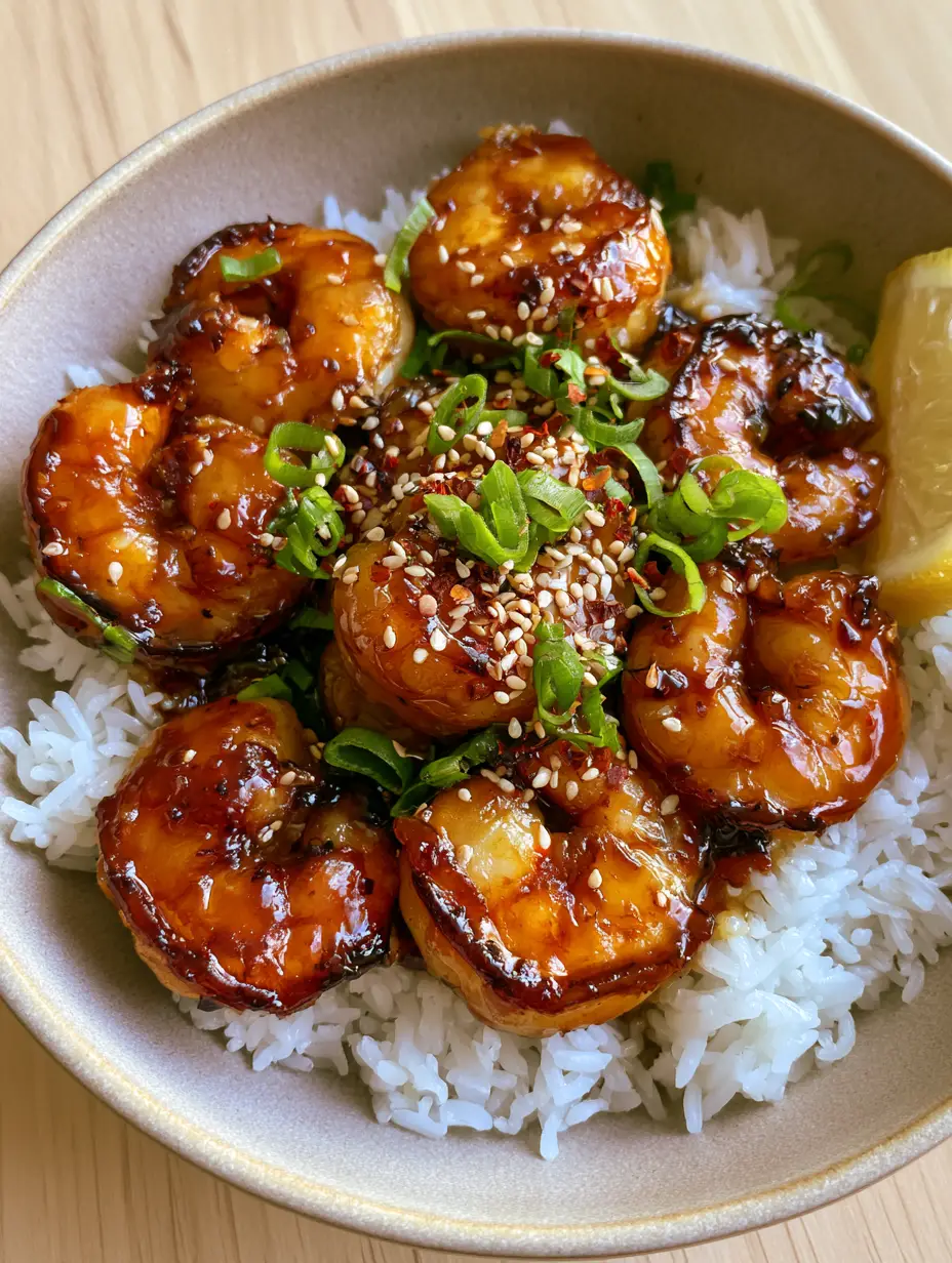 Shrimp Rice Bowl with Honey Garlic Glaze and Charred Shrimp 3 Close up of succulent jumbo shrimp with charred edges and a thick amber glaze in a Shrimp Rice Bowl.