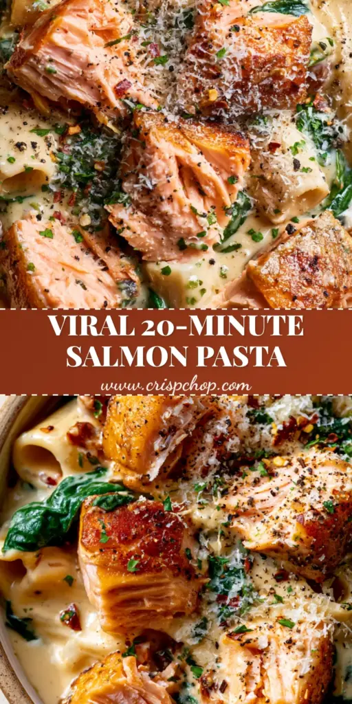 Vertical Pinterest Pin showing a bowl of Creamy Spinach Salmon Pasta with rigatoni, sun-dried tomatoes, and parmesan flakes.