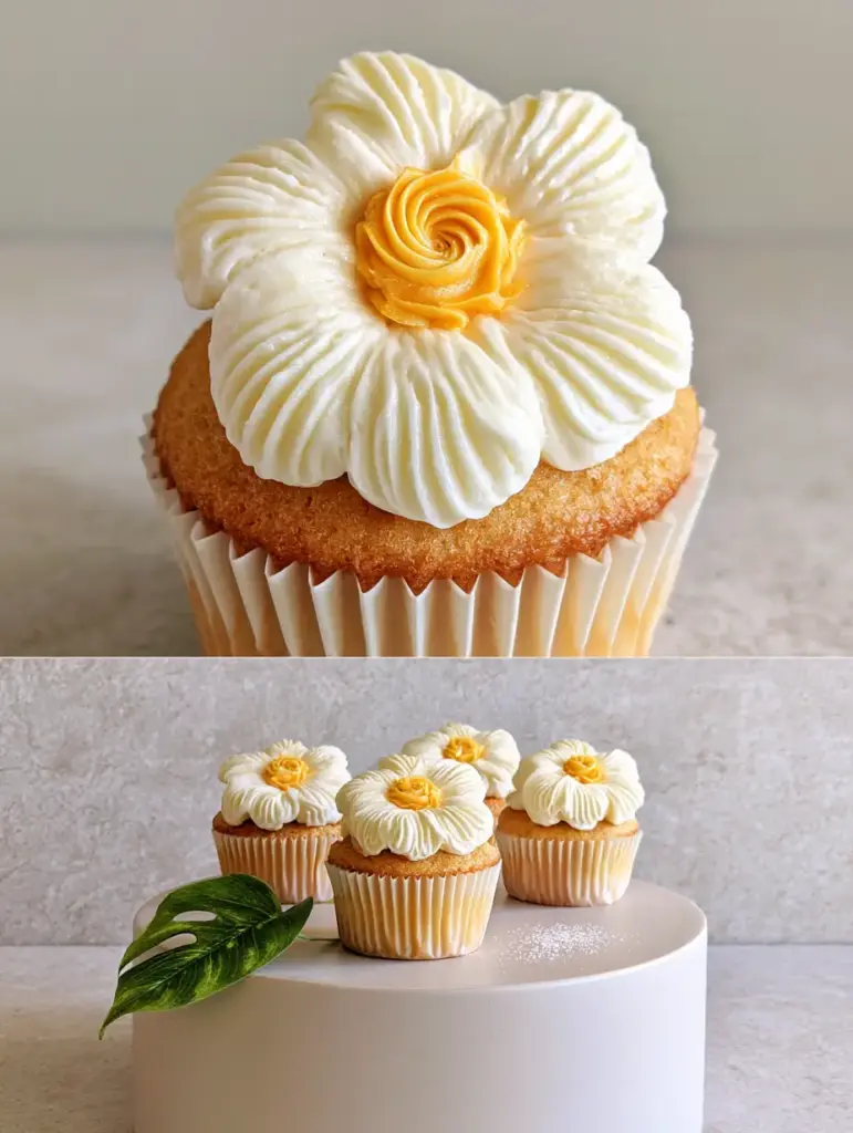 Plumeria Cupcakes with Silky Vanilla Buttercream Petals 1 Four plumeria cupcakes arranged on a white ceramic pedestal with a monstera leaf garnish on a grey stone surface.