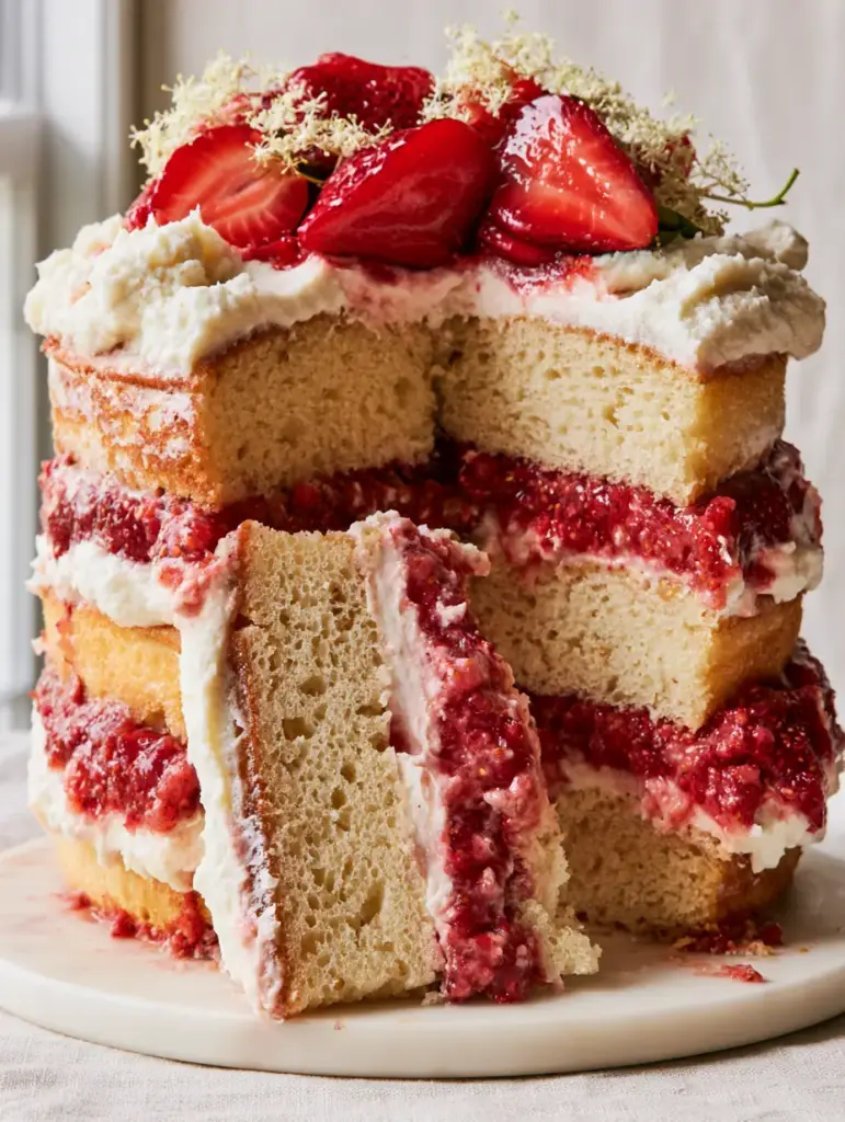 A full view of the strawberry vanilla cake on a marble stand with soft natural lighting.