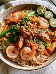Close up of glossy Filipino Pancit rice noodles with julienned carrots and seared chicken breast strips.