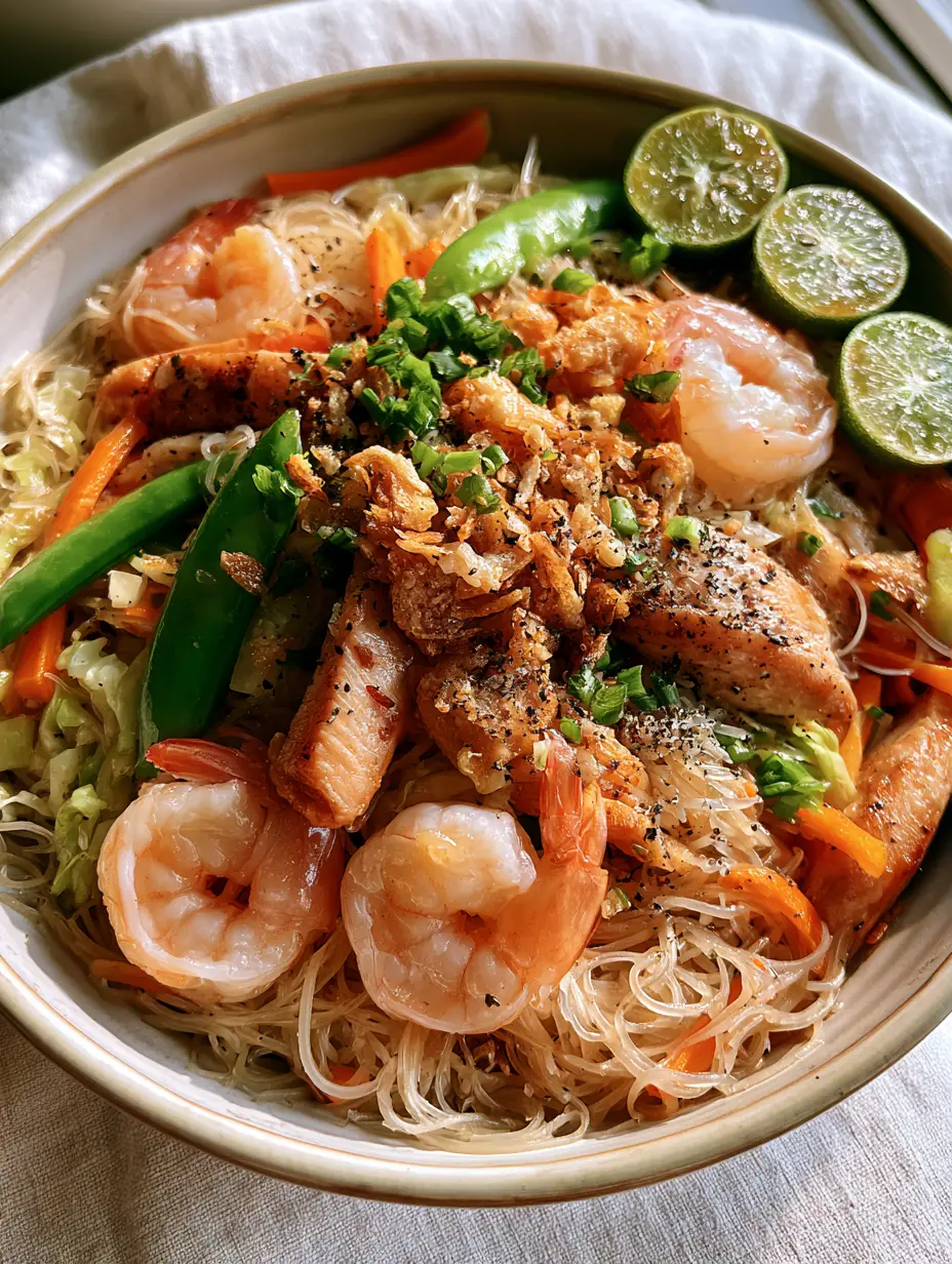 Close up of glossy Filipino Pancit rice noodles with julienned carrots and seared chicken breast strips.