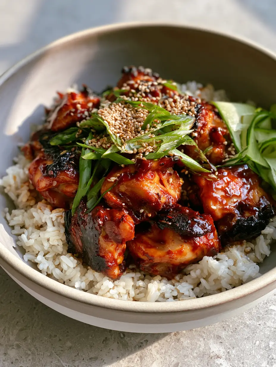 Close-up of charred caramelized chicken edges with a thick glossy gochujang glaze over fluffy jasmine rice in a matte ceramic bowl. (Korean BBQ Chicken Rice Bowls)