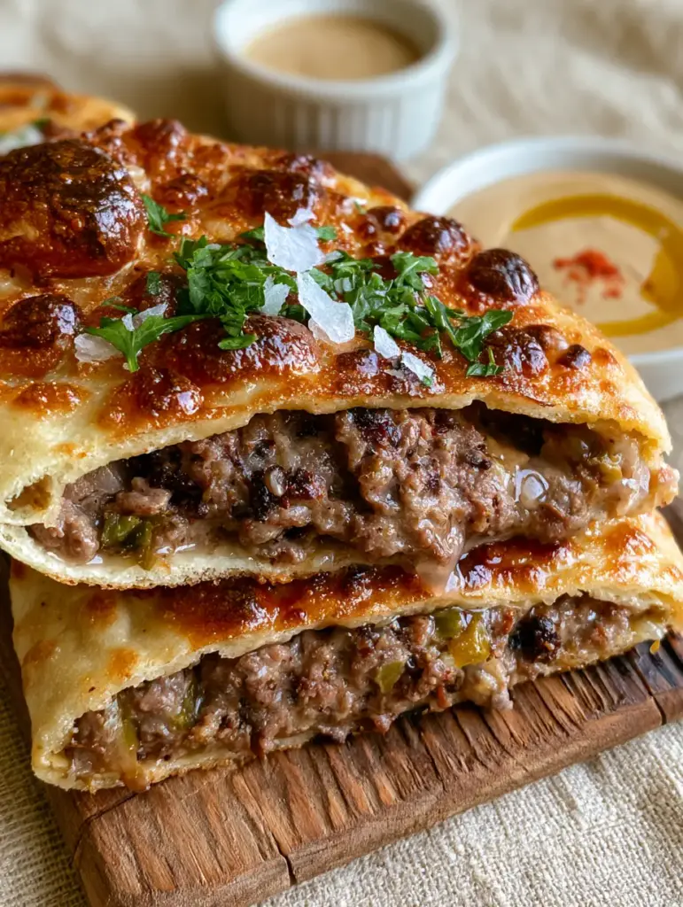 Close-up of golden-brown Egyptian Hawawshi with a side of creamy tahini sauce and olive oil swirl.