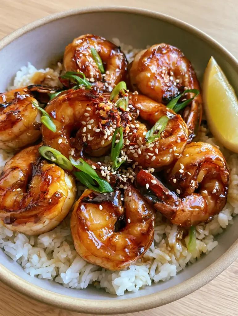Shrimp Rice Bowl with Honey Garlic Glaze and Charred Shrimp 1 Overhead view of a complete Shrimp Rice Bowl garnished with scallions, sesame seeds, and a lemon wedge.