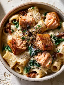 Close-up of glossy garlic cream sauce covering rigatoni pasta with seared salmon chunks and baby spinach. (Spinach Salmon Pasta)