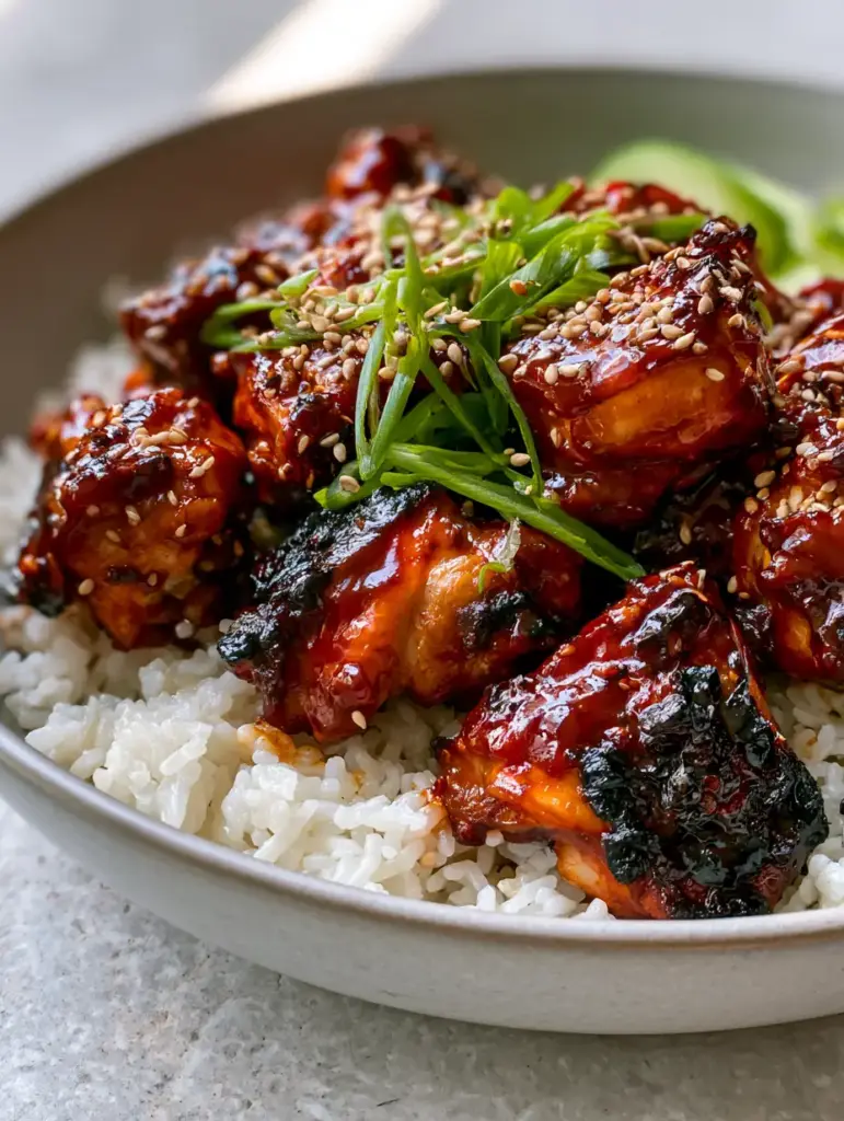 A 45-degree angle shot of Korean BBQ Chicken Rice Bowls showing individual grains of steamed jasmine rice and bright green cucumber ribbons.