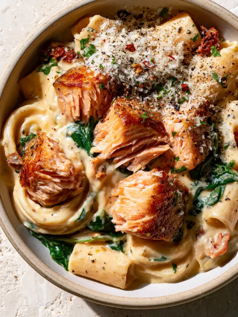 Rustic ceramic bowl of Spinach Salmon Pasta featuring caramelized salmon edges, red chili flakes, and micro-planed parmesan.