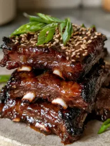 Macro shot of flanken-style Korean BBQ short ribs showing glistening glaze and charred edges.