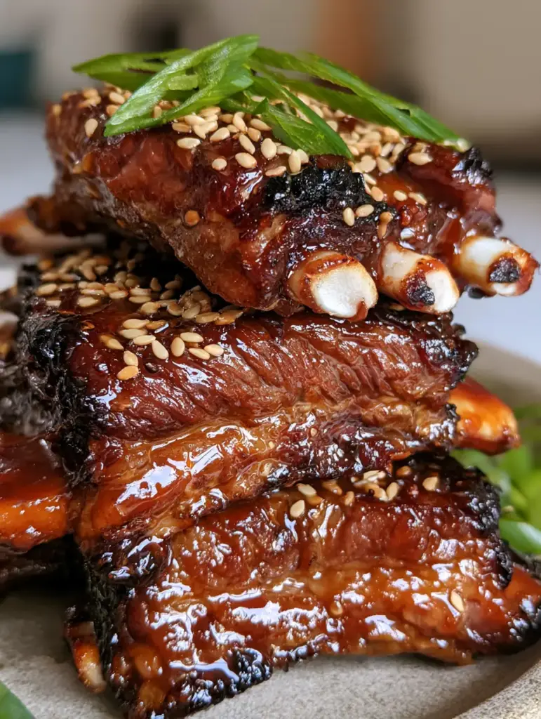 Korean BBQ Short Ribs (Sticky Flanken-Style Galbi) 1 Stacked Korean BBQ short ribs on a stone plate with fresh green scallions and sesame seeds.